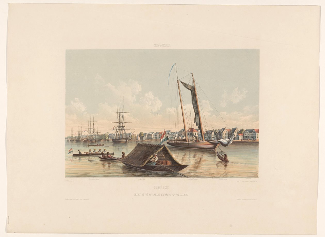 Havnefront og reder i Paramaribo Surinam. Udsigt over Paramaribo Waterkant og Redested (titel på objekt) af jonkheer Jacob Eduard van Heemskerck