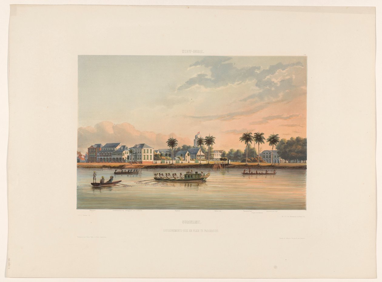 Havnefront med Guvernørhuset i Paramaribo Surinam. Regeringshus og plads i Paramaribo (titel på objekt) af jonkheer Jacob Eduard van Heemskerck