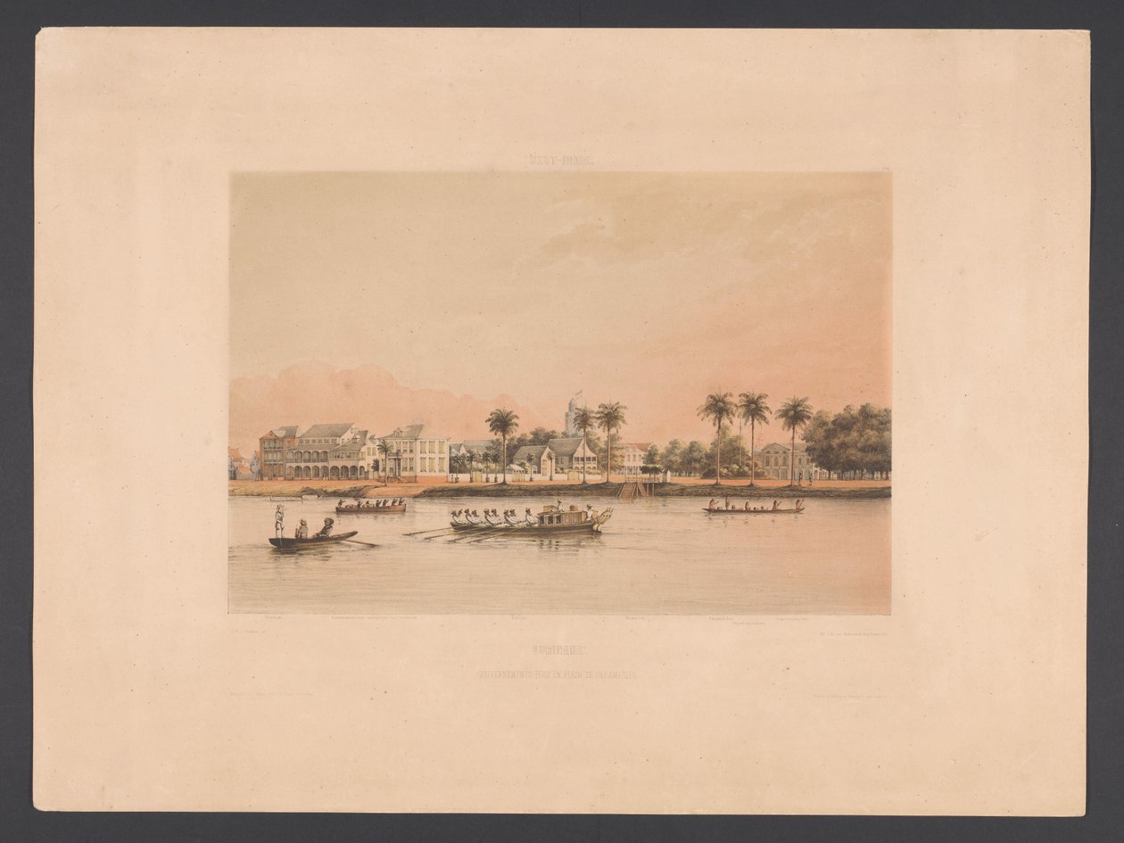 Havnefront med guvernørbolig i Paramaribo Surinam. Regeringshus og plads i Paramaribo (titel på objekt) Vestindien (serietitel på objekt) Udsigt fra Hollands Vestindien (serietitel) af jonkheer Jacob Eduard van Heemskerck