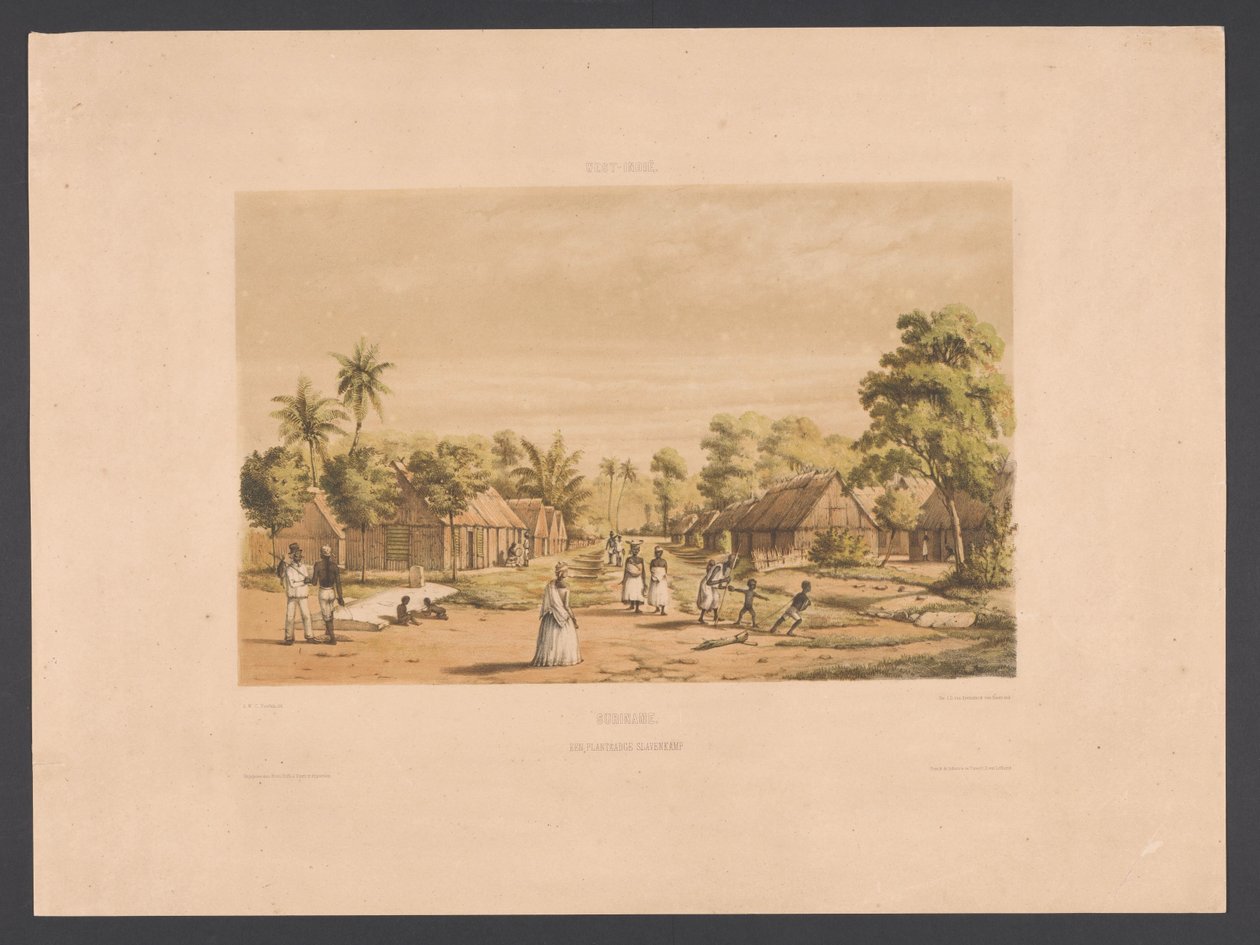 Hjem til slaver på en surinamsk plantage Surinam. En plantageslavelejr (titel på objekt) Vestindien (serietitel på objekt) Udsigt fra Hollands Vestindien (serietitel) af jonkheer Jacob Eduard van Heemskerck