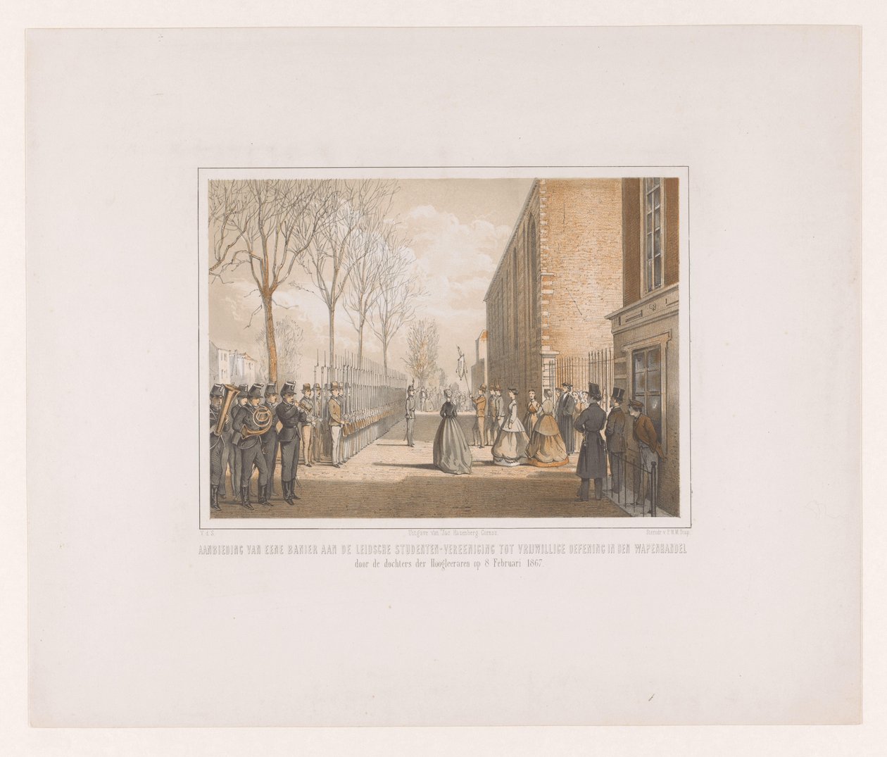 Præsentation af et banner til Koninklijke Leidsche Studenten Vereeniging Præsentation af et banner til Leidsche Studenten-Vereeniging for frivillig øvelse i våbenhandel af professorernes døtre den 8. februar 1867 (titel på objekt) af jonkheer Victor Eugène Louis de Stuers