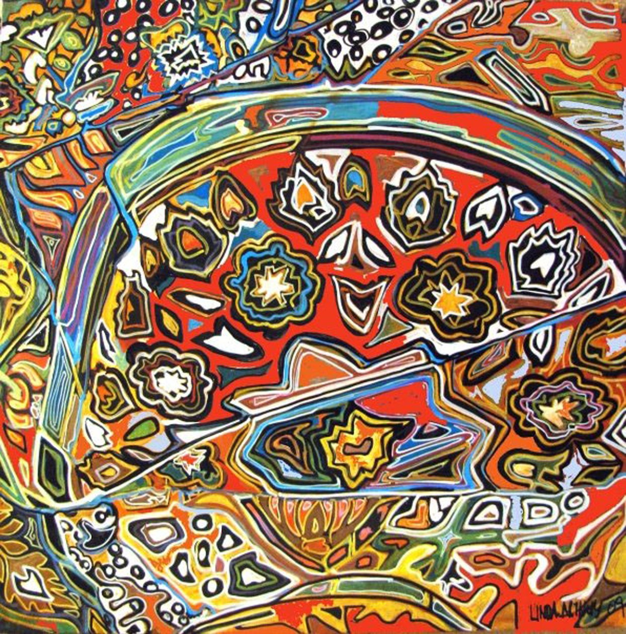 Detail pf Egyptian wprl, 2016 (blandet, akryl, blæk, olie) af linda arthurs