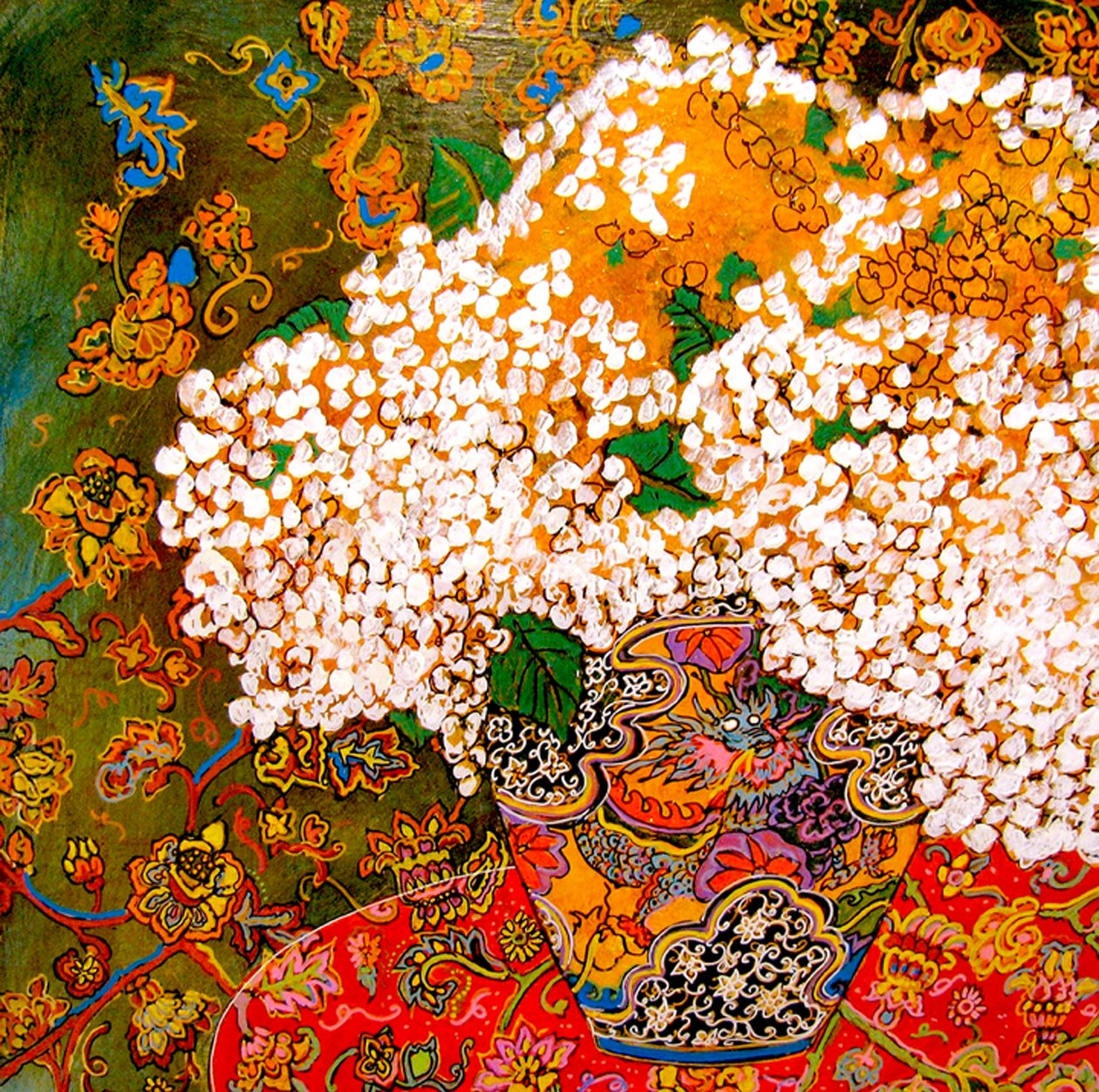 Blomster i kinesisk vase, 2016 (blandet, akryl, blæk, olie) af linda arthurs