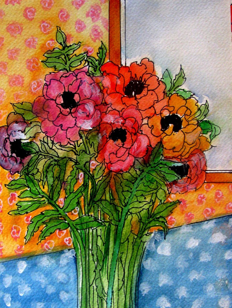 Blomster i vase, 2014 (akvarel, blæk) af linda arthurs