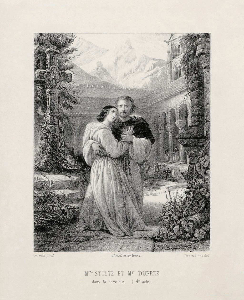 Gilbert Duprez (1806-1896) som Fernando og Rosine Stoltz (1815-1903) som Leonor de Guzmán i akt IV af Gaetano Donizettis La Favorite på Salle Le Peletier i Paris i 1840-1841 af Emile Desmaisons