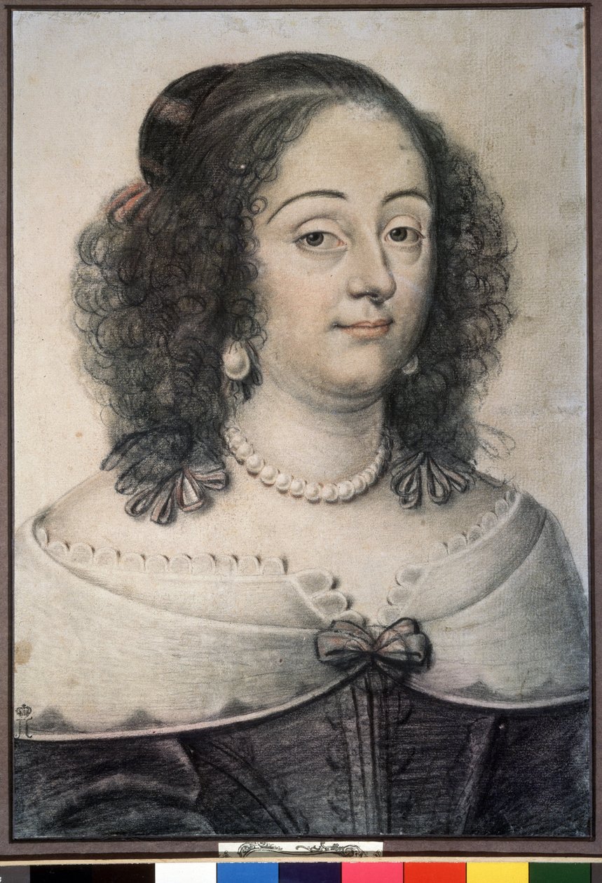 ""Portræt af en kvinde"" Dette er sandsynligvis dronning af England Henriette Marie (1609-1669). Kridttegning af Daniel Dumoustier (eller Dumonstier) (1574-1646) 1640 Pushkin Museum, Moskva af or Dumoustier Daniel Dumonstier