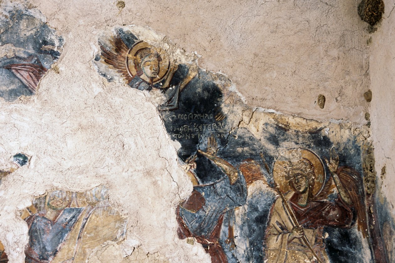Engel og helgen, detalje fra fresco i kirken Agios Georgios Apodoulou, Apodoulou, Kreta, Grækenland (foto) af Theodore Charles Ange Coquelin