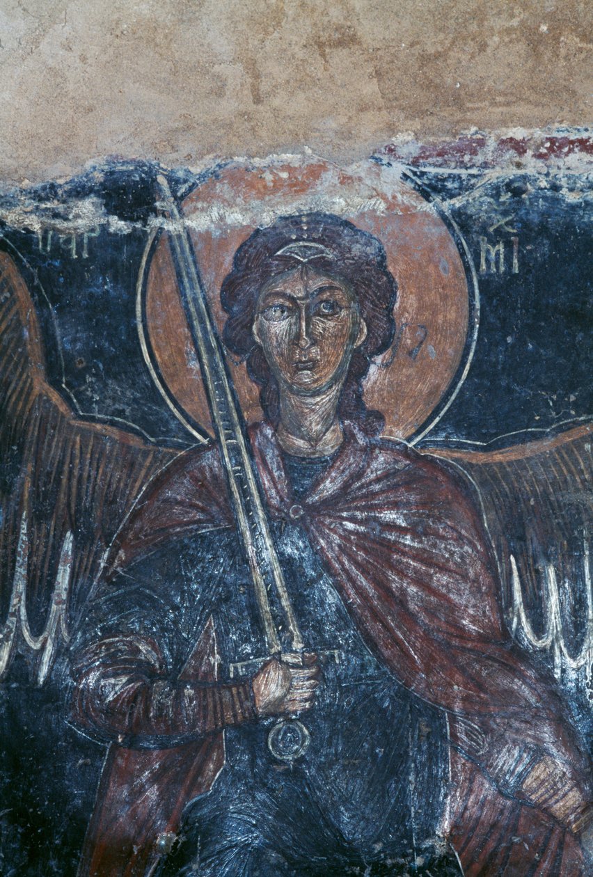 Engel holder sværd, fresko i den byzantinske kirke St George, Komitades, Kreta, Grækenland (foto) af Theodore Charles Ange Coquelin