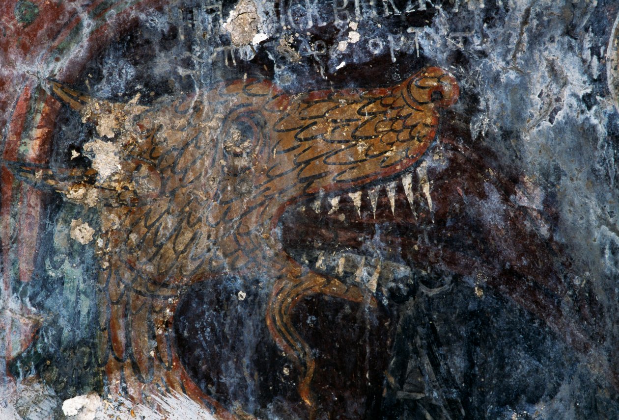 Fugl, detalje af straf for fordømte i kirken Agia Paraskevi, Voutas, Kreta, Grækenland (foto) af Theodore Charles Ange Coquelin