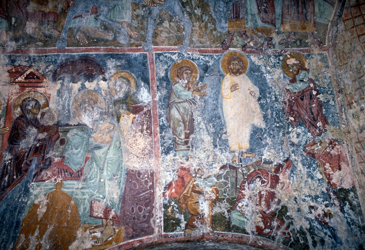 Kristus og helgener, fresko i den byzantinske kirke Sotiras Christos, Vlithias, Kreta, Grækenland (foto) af Theodore Charles Ange Coquelin