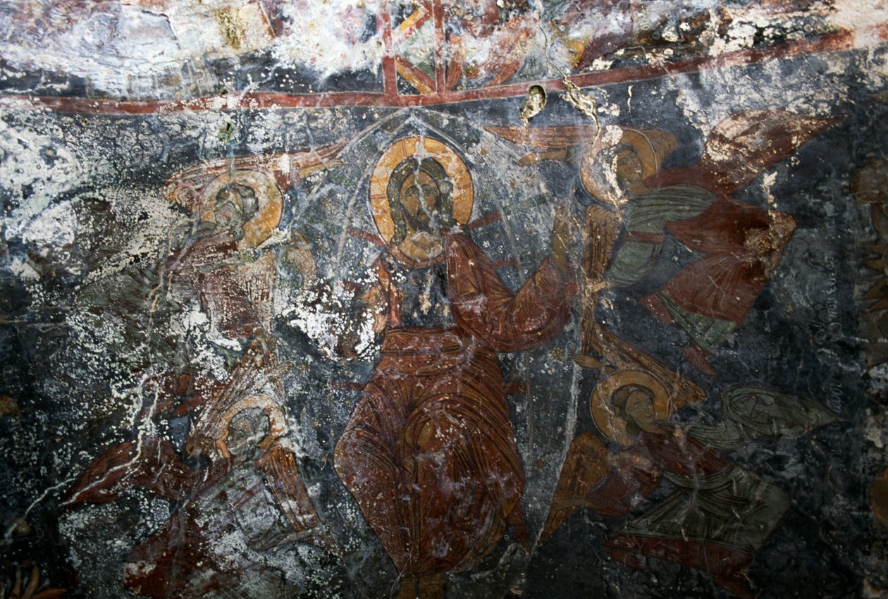 Kristus med engle og helgen, fresko i kirken Panagia, Kitiros, Kreta, Grækenland (foto) af Theodore Charles Ange Coquelin