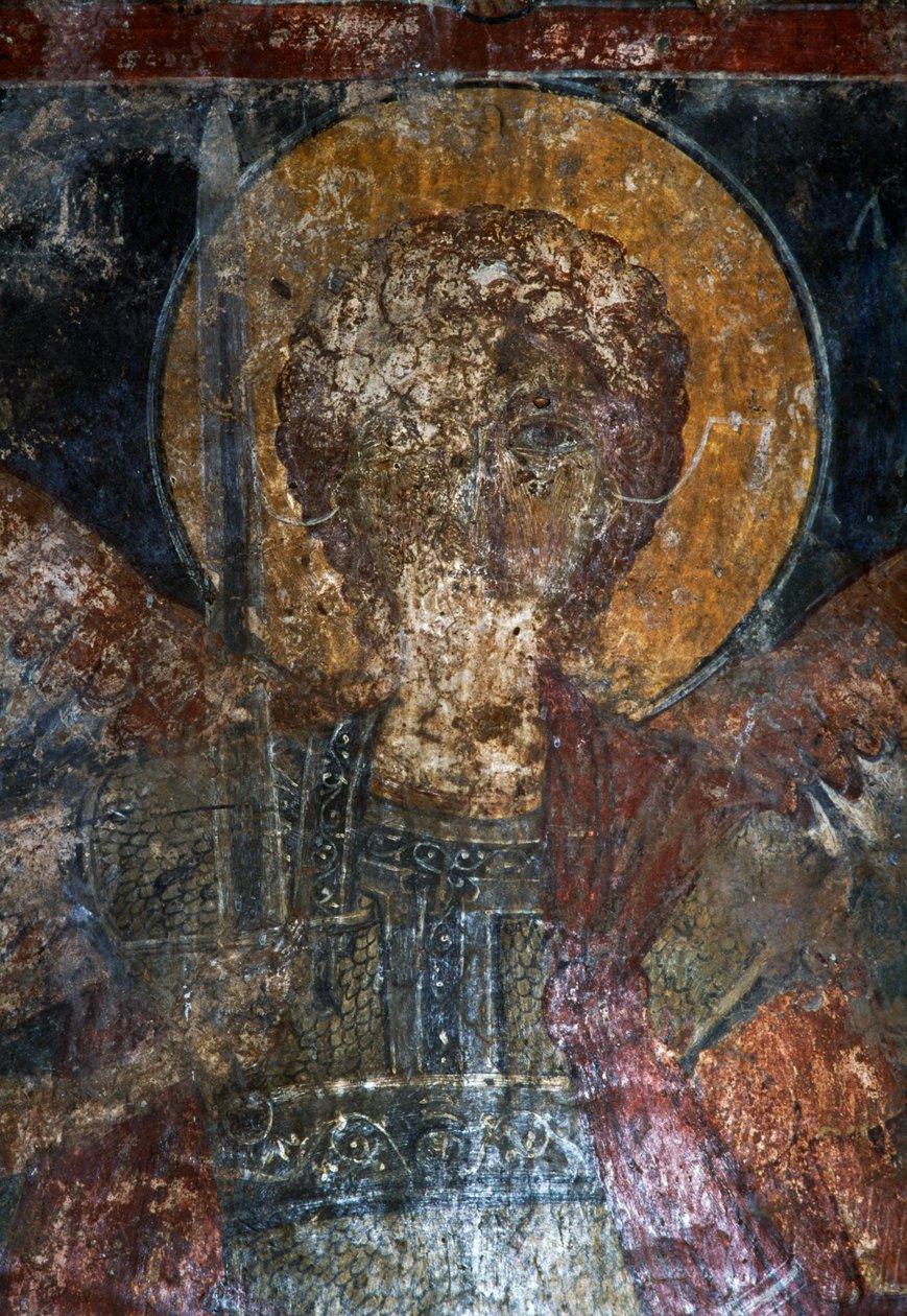 Helgenfigur, fresco i den byzantinske kirke Agios Konstantinos og Agia Eleni, Voukolies, Kreta, Grækenland (foto) af Theodore Charles Ange Coquelin