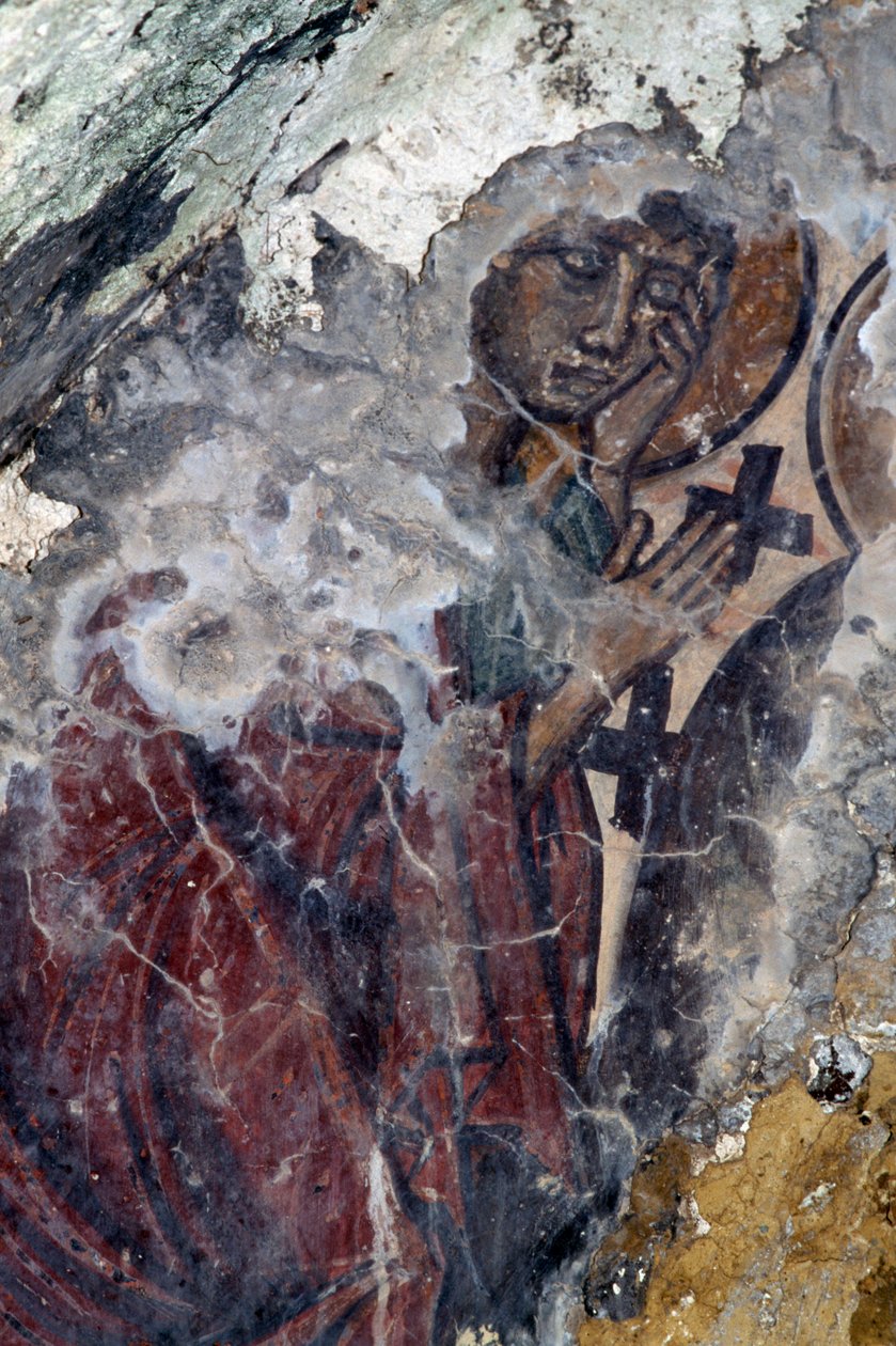 En helgenfigur med kors, fresco i den byzantinske kirke i Prodromi, Kreta, Grækenland (foto) af Theodore Charles Ange Coquelin