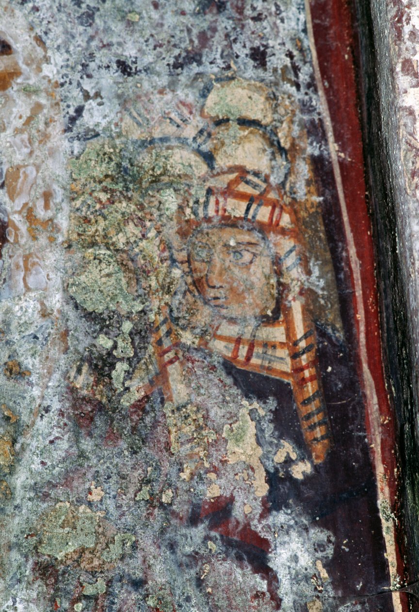 Mandsfigur med hovedbeklædning, beskadiget freskomaleri i kirken Metamorphosis Sotiros, Voutas, Kreta, Grækenland (foto) af Theodore Charles Ange Coquelin