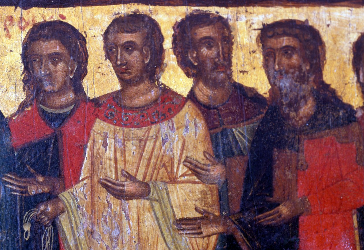 Mandsfigurer, træpanel i den byzantinske kirke Palea Roumata, Kreta, Grækenland (foto) af Theodore Charles Ange Coquelin