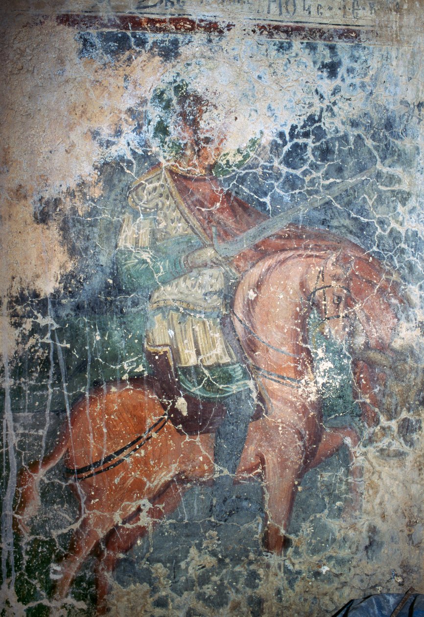Mand til hest med sværd, fresco i den byzantinske kirke Agios Athanasios, Kefali, Kreta, Grækenland (foto) af Theodore Charles Ange Coquelin