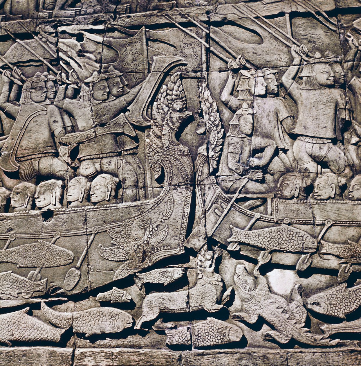 Søslag mellem Cham og Khmer, detalje af et basrelief af Bayon-templet (1200-tallet), Angkor Thom, Angkor arkæologiske sted (UNESCOs verdensarvsliste af Theodore Charles Ange Coquelin