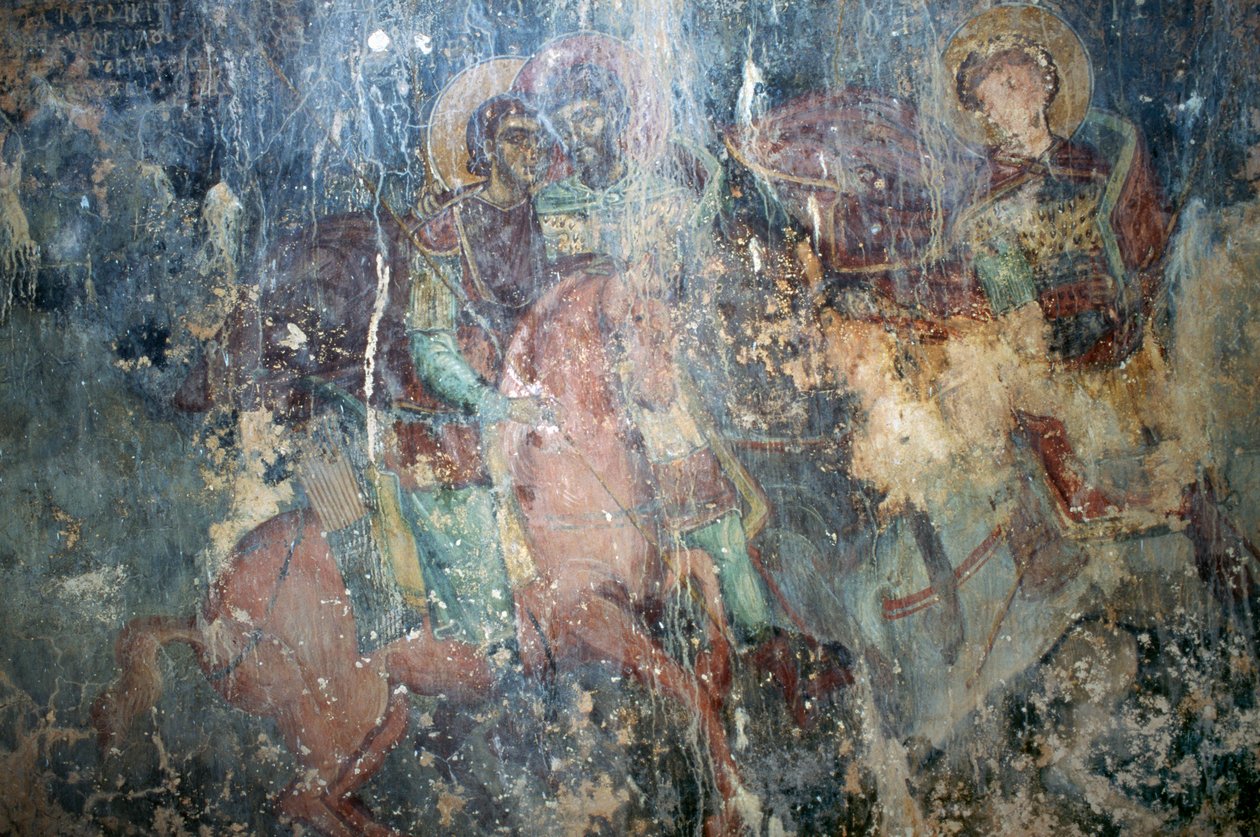 Hellige til hest, fresko i den byzantinske kirke Agios Athanasios, Kefali, Kreta, Grækenland (foto) af Theodore Charles Ange Coquelin