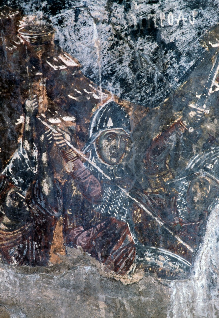 Soldat, beskadiget freskomaleri på loftet af kirken Agios Vasileios, Vavouledo, Kreta, Grækenland (foto) af Theodore Charles Ange Coquelin