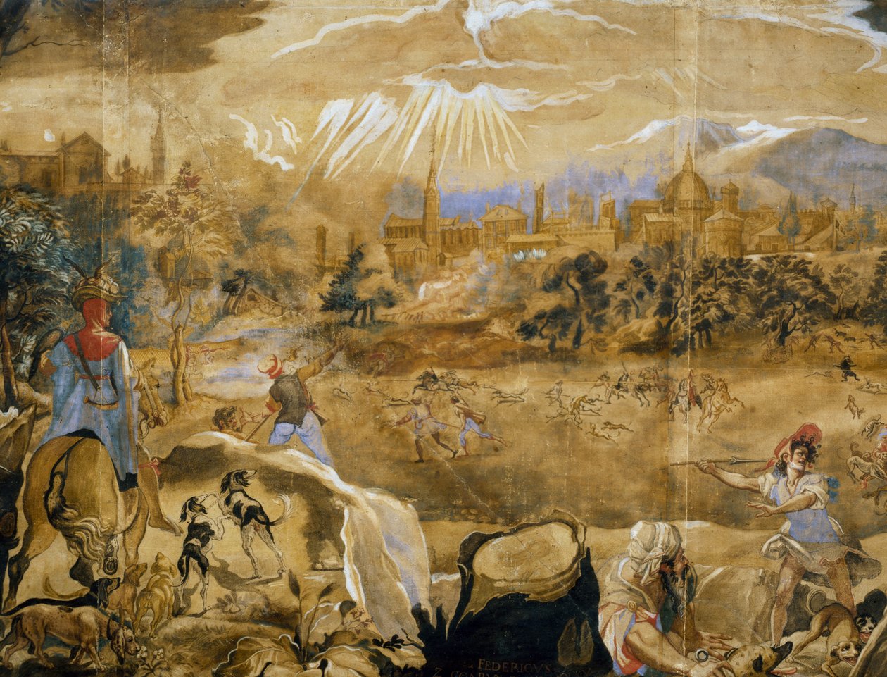 Hjortejagt (med ideel udsigt over Firenze i baggrunden), detalje, c.1565 af or Zuccaro Federico Zuccari