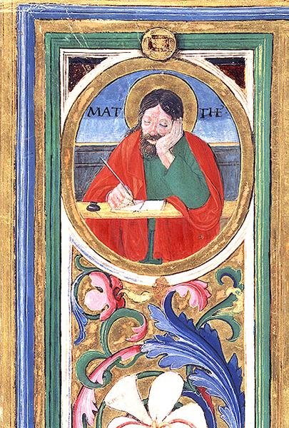 Ms 542 f.3v St. Matthæus skriver det første evangelium fra en psalter skrevet af Don Appiano fra Badia Fiorentina-kirken, Firenze af or di Giovanni Monte del Fora