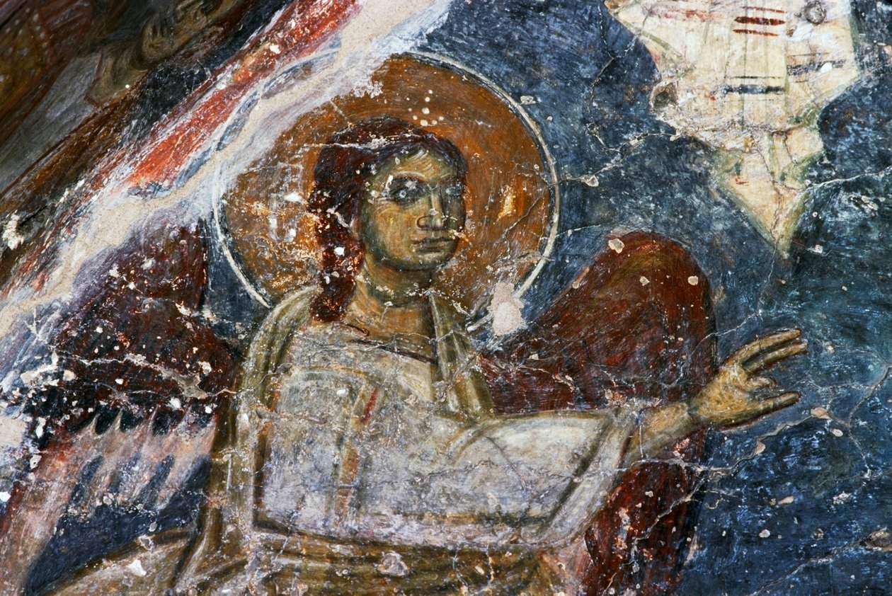 Angel, fresco i den byzantinske kirke Agios Georgios Sfakiotis, Diavaide, Kreta, Grækenland (foto) af Unbekannt Unbekannt