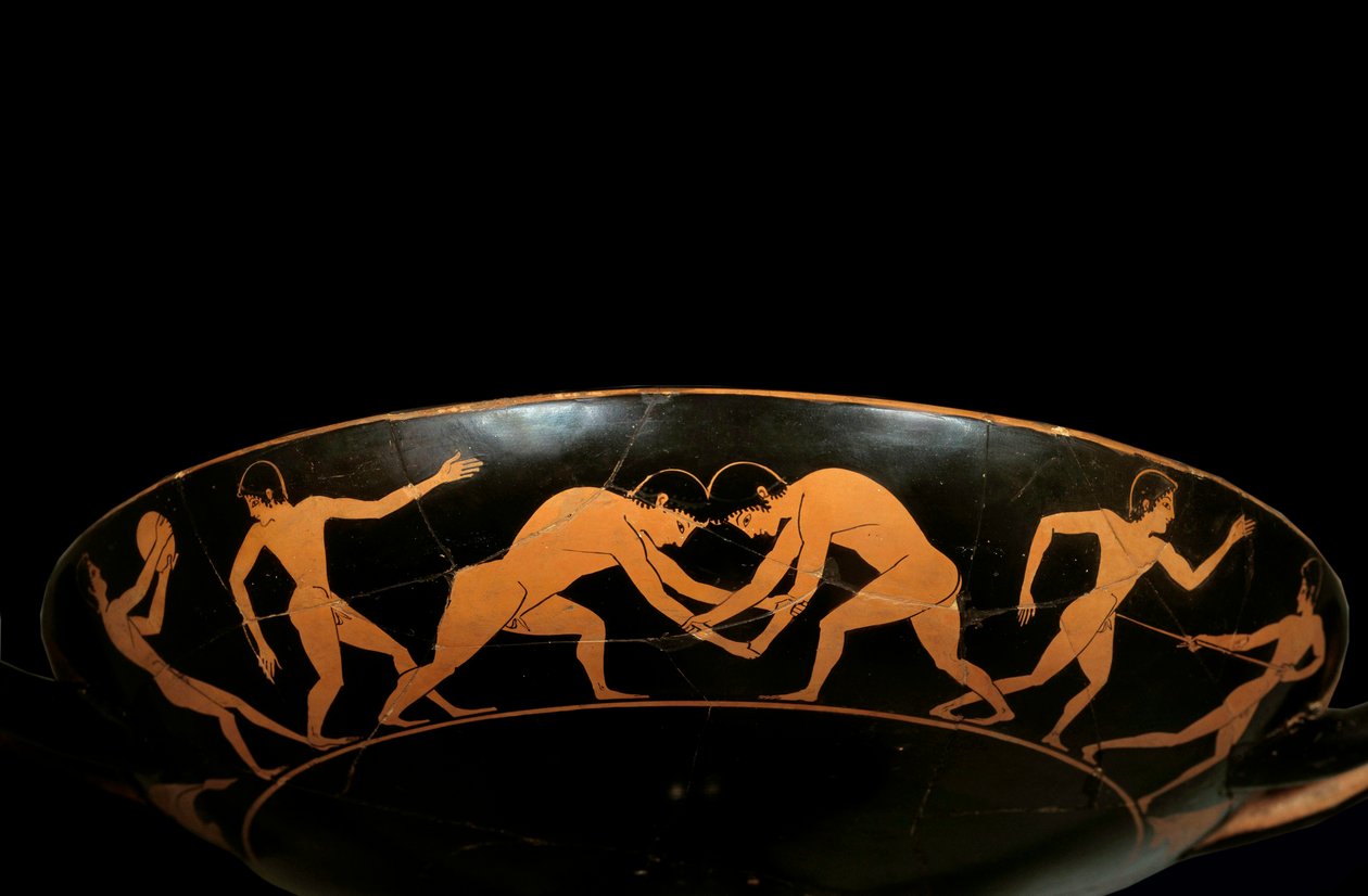 Loftskop med røde figurer, der repræsenterer atleter under træning, en diskobol og brydere. Maleri tilskrevet Euergides-maleren (slutningen af det 6. århundrede f.Kr.). Paris, Louvre-museet af painter Euergides