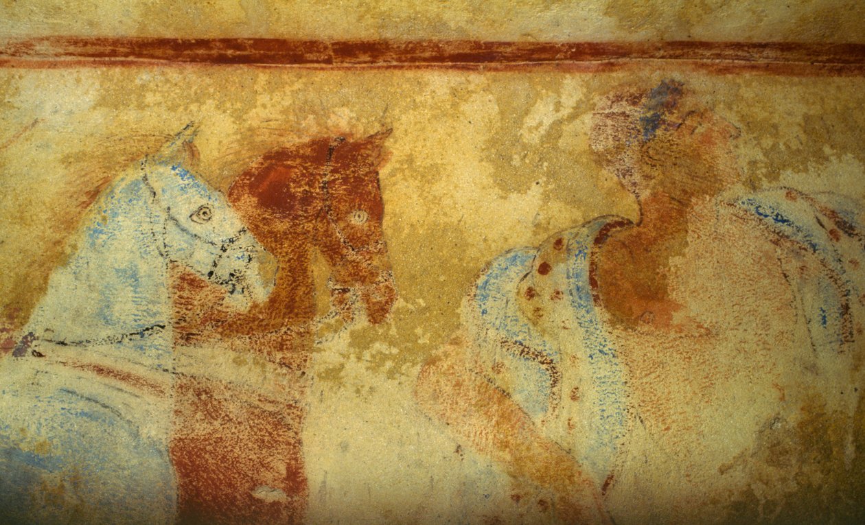 Begravelsesoptog med heste og mandlige figurer, fresko, detaljer, De blå dæmoners grav, Tarquinias nekropolis (UNESCOs verdensarvsliste, 2004), Lazio, Italien. Etruskisk civilisation, 5. århundrede f.Kr. (foto) af Unbekannt Unbekannt