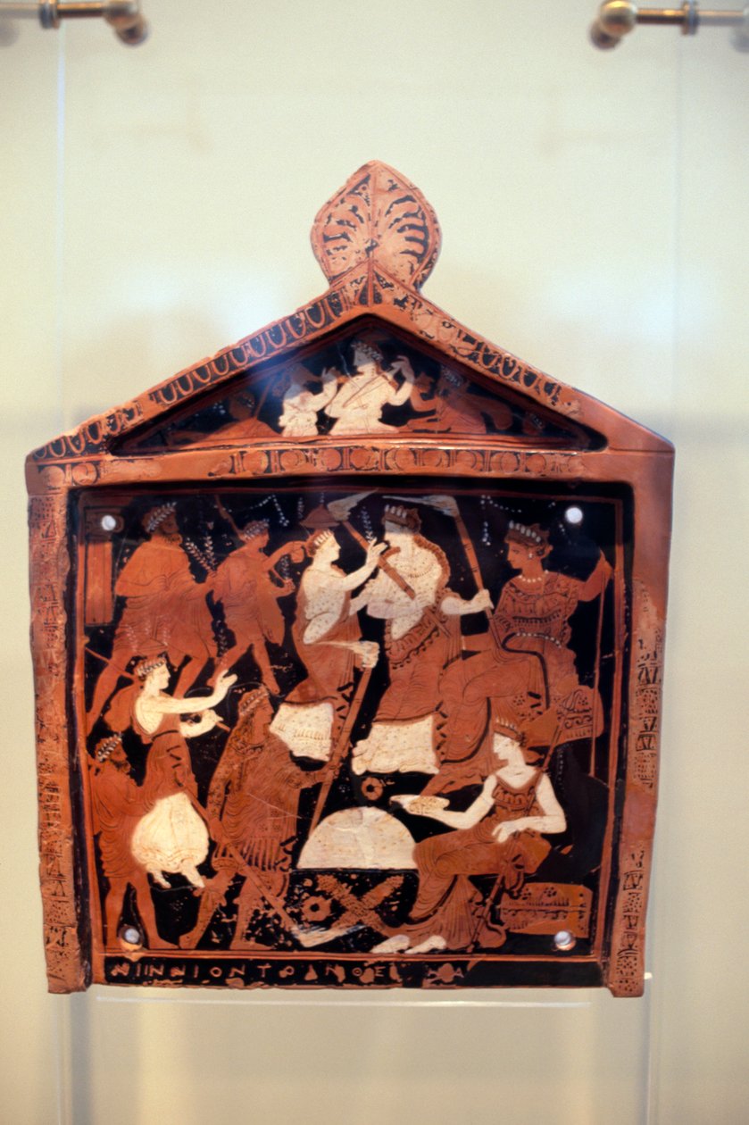 Ninnion-tavle, ex-voto, der forestiller Iacchus, der leder procession foran Demeter og Persephone, ca. 370 f.Kr., fundet i Sanctuary of Eleusis, Garcia, græsk civilisation, slutningen af det 4. århundrede f.Kr. af Unbekannt Unbekannt