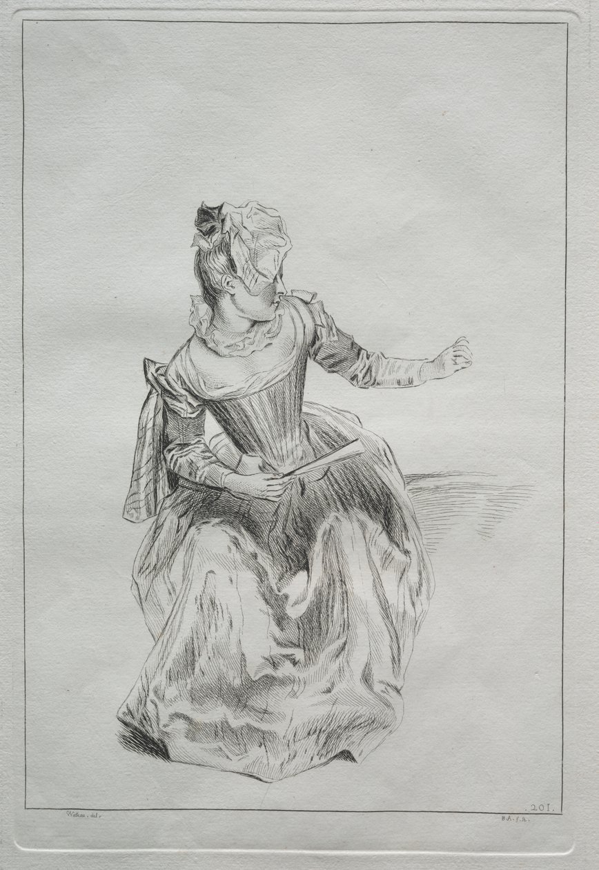 Kvinde, der holder en ventilator af possibly by Benoit II Audran