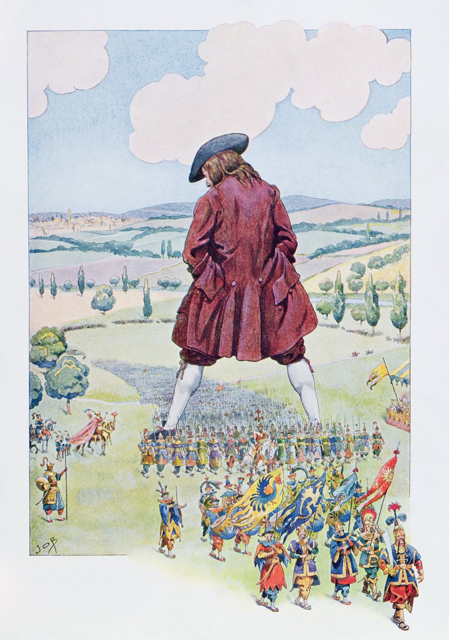 Gulliver inspicerer den Lilliputske hær, illustration fra en fransk udgave af 