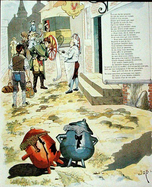 Illustration til The Earthen Pot and the Iron Pot, fra Fables af Jean de La Fontaine (1621-95) (farvestik) af Onfray de Breville Job
