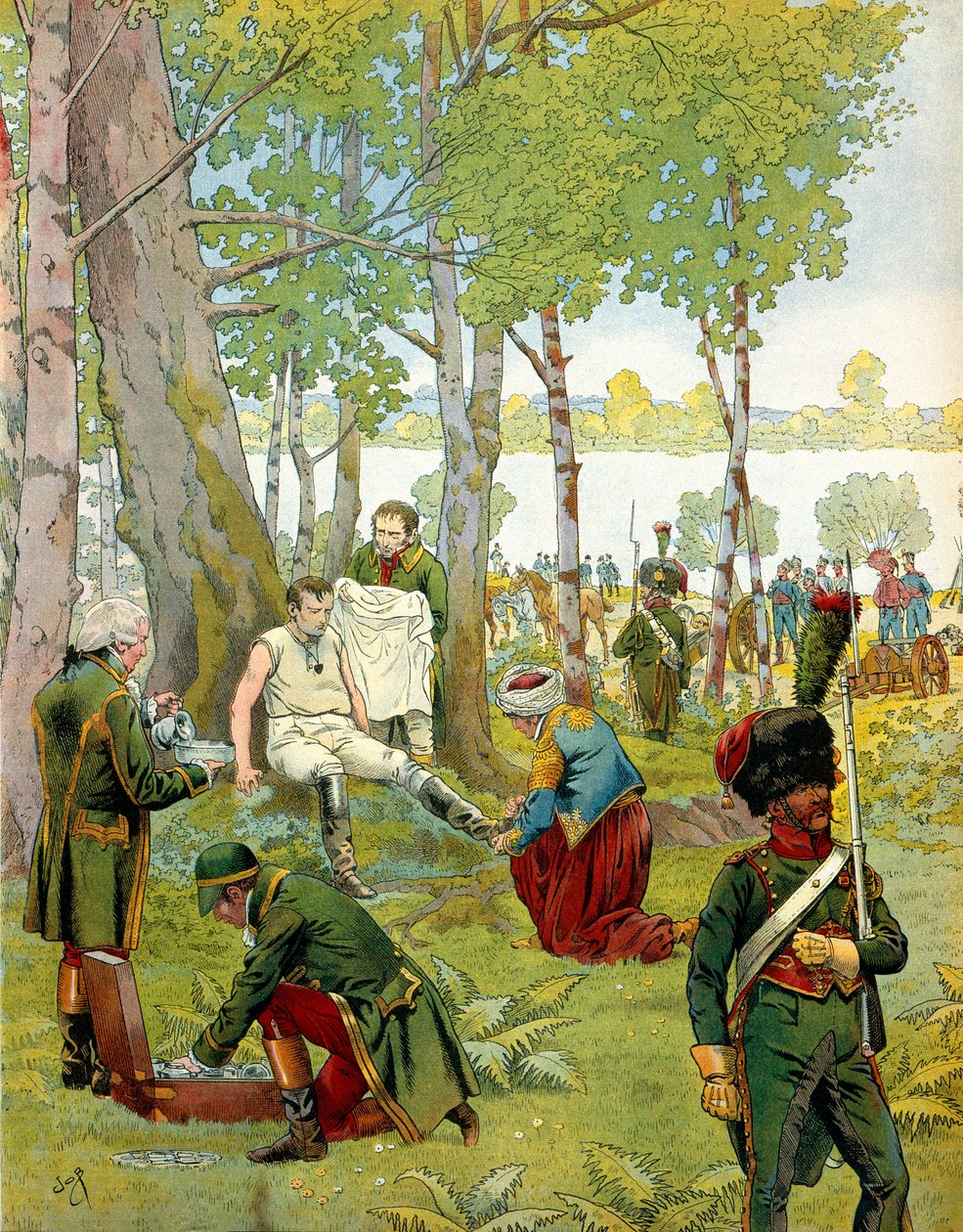 Abrutions af Napoleon I Bonaparte (1769-1821) på øen Lobau før slaget ved Wagram den 5. og 6. juli af pseudonym for Onfray de Breville Jacques Job