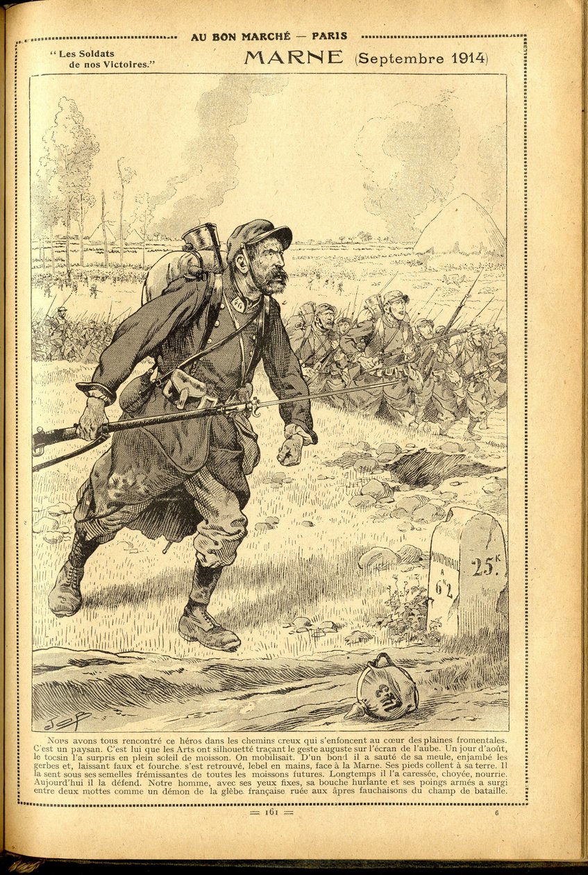 Dagbog Buvard du Bon Marche 1917 - Illustration af Job (Jacques Marie (Jacques-Marie) Gaston Onfray og Breville) (1858-1931): Marne september 1914 - 14. -18. krig, Marne, Store slag, Slaget ved Marne - Soldater af pseudonym for Onfray de Breville Jacques Job