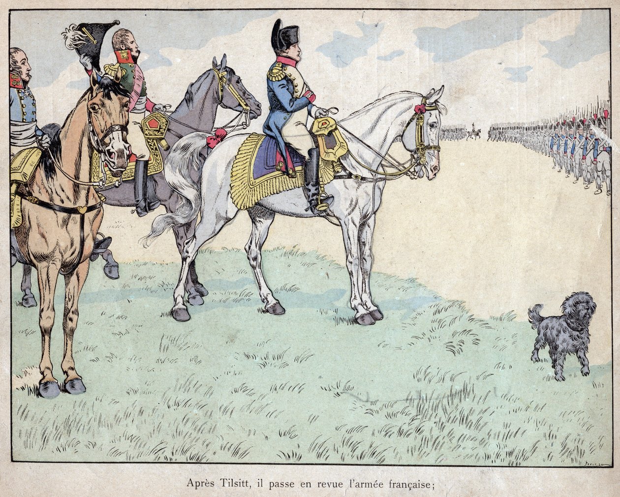Apres Tilsit - Napoleon gennemgår den franske hær efter underskrivelse af Tilsit-traktaterne, 7. juli 1807 - litografi af Job (Jacques Onfroy de Breville) fra "" Le Grand Napoleon des Petites Enfants""" 1893 af pseudonym for Onfray de Breville Jacques Job