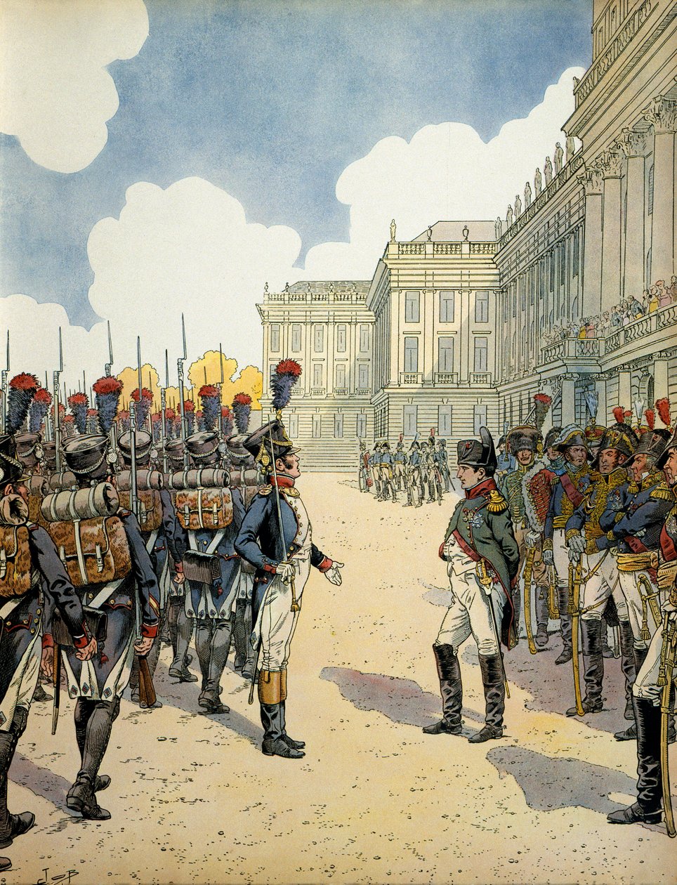 Ved Schoebrunn gennemgik Napoleon I Bonaparte (1769-1821) tropperne før slaget ved Wagram den 5. og 6. juli af pseudonym for Onfray de Breville Jacques Job