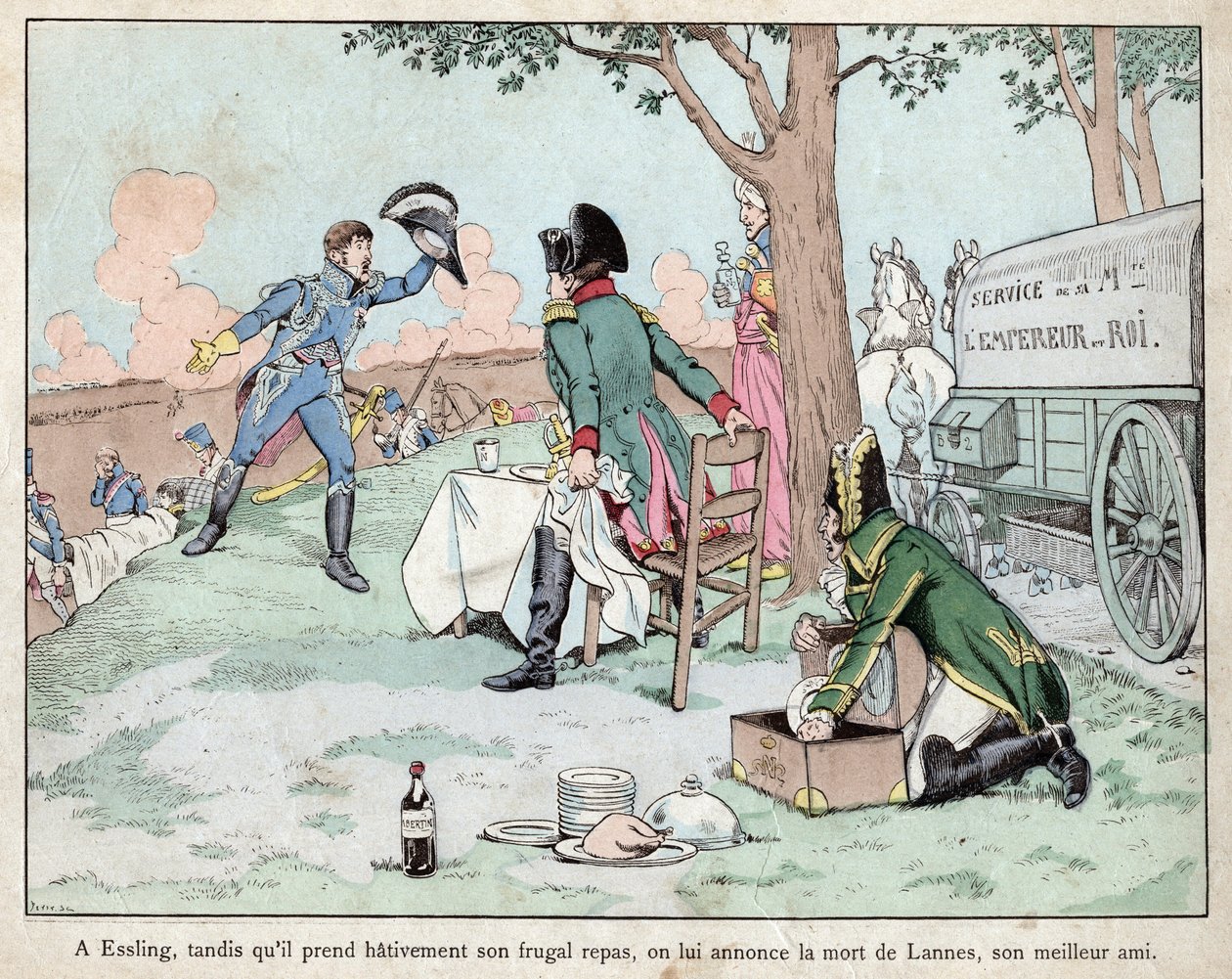 Slaget ved Aspern Essling - Napoleon modtager nyheder om marskal Lannes død 1809 - Slaget ved Aspern-Essling - Napoleon modtager nyheder om marskal Lannes død - litografi af Job (Jacques Onfroy de Breville) fra "" Le Grand Napoleon des Petites af pseudonym for Onfray de Breville Jacques Job