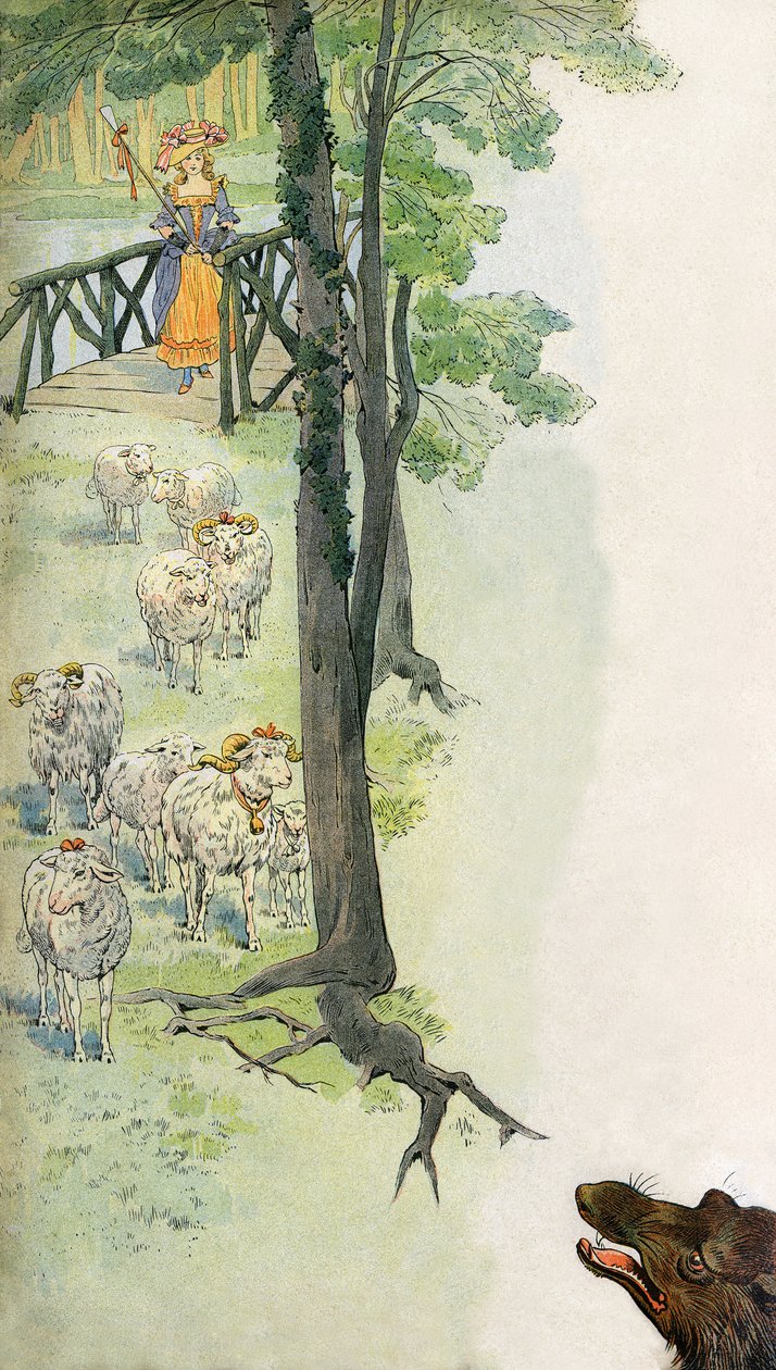 Bergere holder sine får (får og beliers) på landet under en ulvs truende blik - Illustration af Job (Jacques Marie Gaston Onfroy de Breville) (1858-19131) til bogen "La Cantiniere" af G. Montorgueil, ca. 1900. af pseudonym for Onfray de Breville Jacques Job