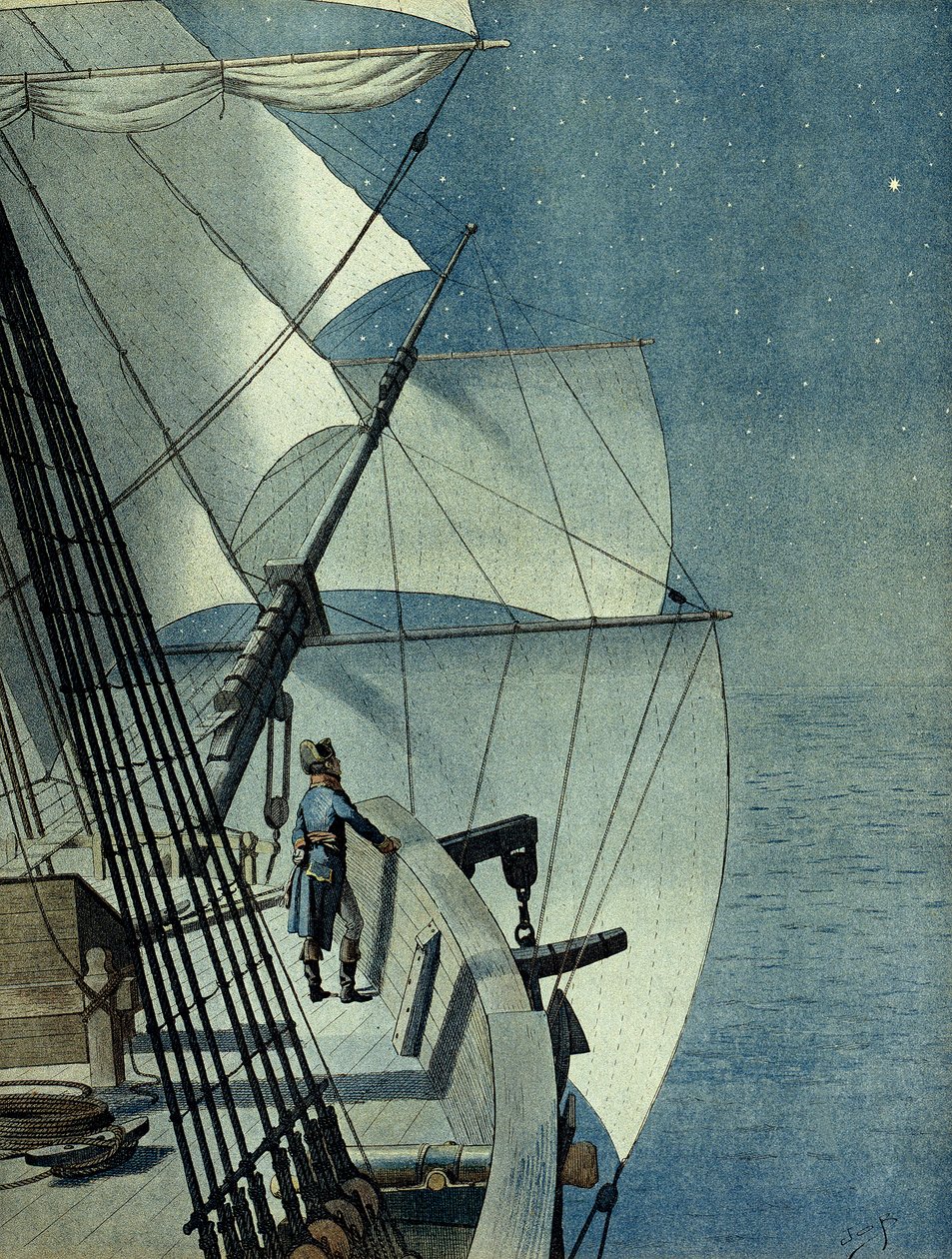 Kampagne (Ekspedition) af Egypten (1798-1801): Retur fra Alexandria til Egypten ombord på fregatten "La Muiron", Napoleon I Bonaparte (1769-1821) alene på bådens bro betragter Middelhavet om natten af pseudonym for Onfray de Breville Jacques Job
