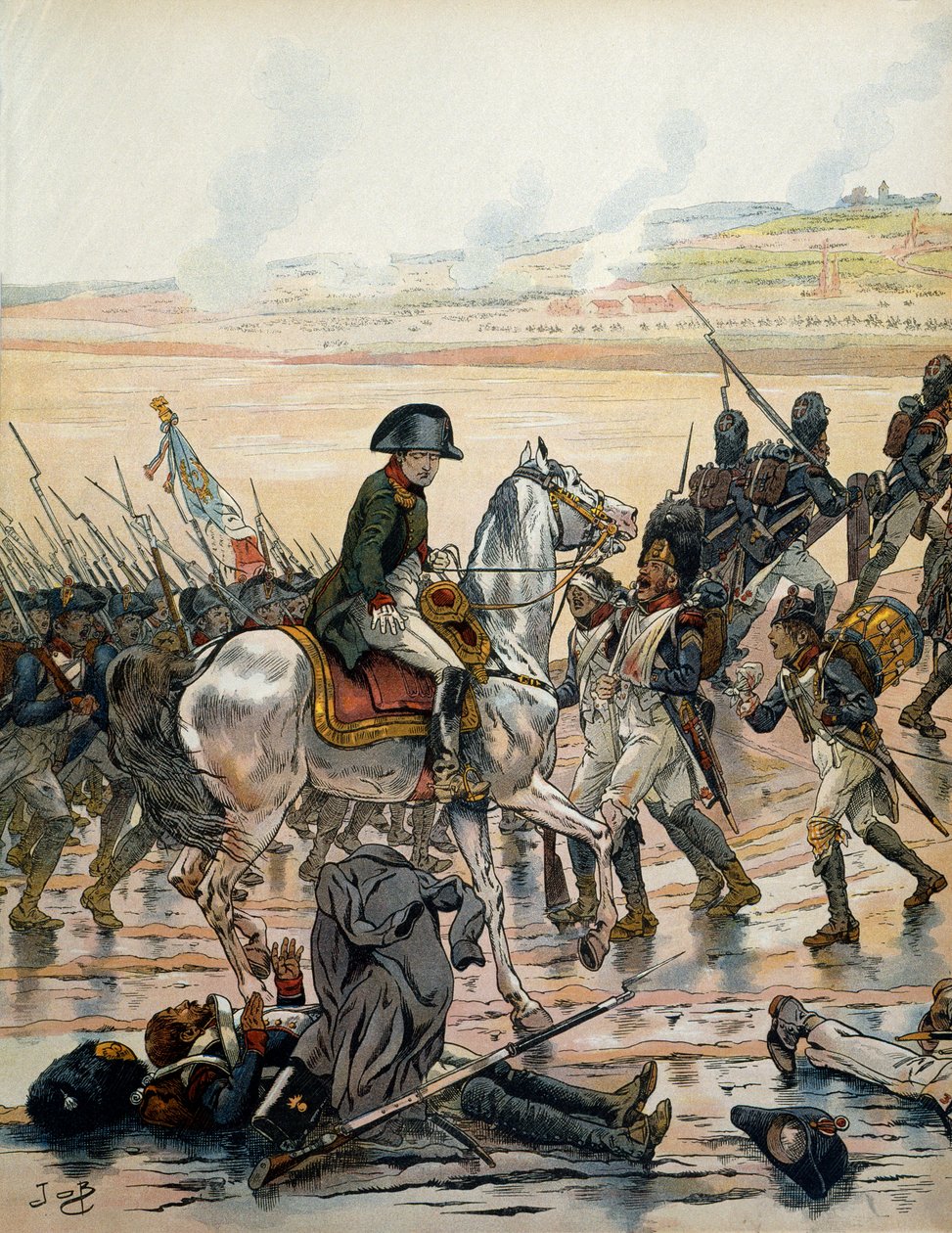 Østrigs kampagne (1805): I Elchingen genkender Napoleon I Bonaparte (1769-1821) på besøg på slagmarken en grenader fra Egyptens hær, liggende på ryggen, udsætter sig for regnen, der falder til strømme, og fortsætter med at råbe til hans kammerater “” forw af pseudonym for Onfray de Breville Jacques Job
