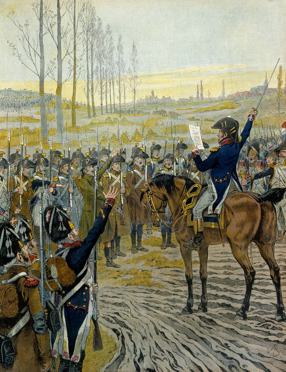 Østrigs felttog (1805): Proklamation af kejser Napoleon I Bonaparte (1769-1821) til tropperne før slaget ved Austerlitz den 2. december 1805. I "" Napoleon"" af Georges Montorgueil. Illustration af Jacques Marie Gaston Onfray de Breville dit JOB af pseudonym for Onfray de Breville Jacques Job