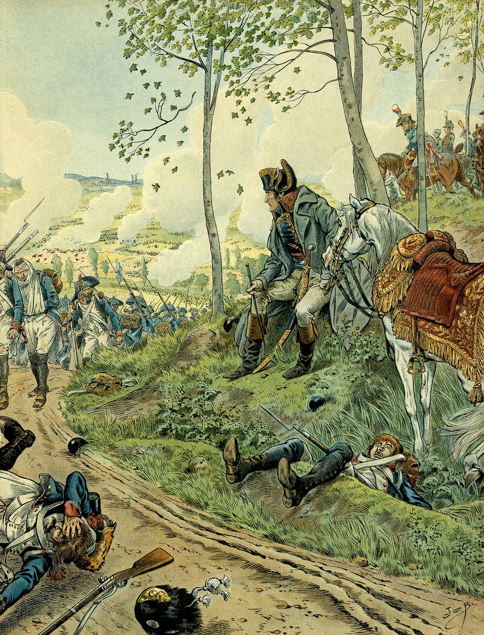 Italiens kampagne (1799-1800): Napoleon I Bonaparte (1769-1821) i slaget ved Marengo den 14. juni 1800 i Piemont (Italien), modsat Napoleons og østrigske arméer. Illustration af Jacques Marie Gaston Onfray de Breville dit JOB (1858-1931). Privat C af pseudonym for Onfray de Breville Jacques Job
