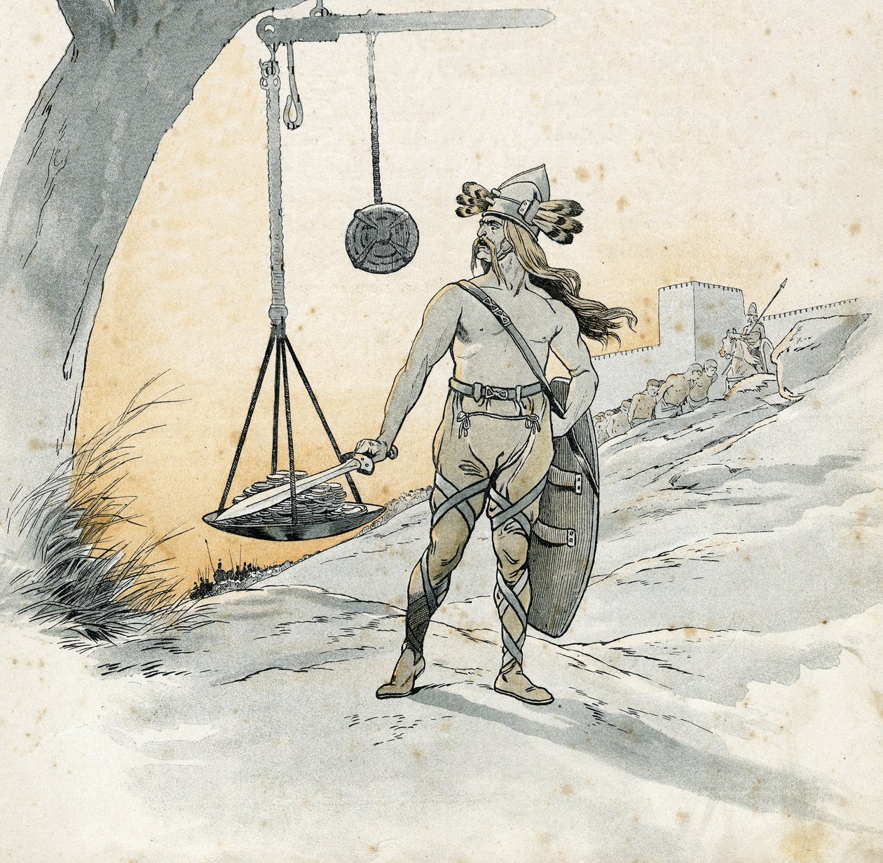 Erobringen af Rom (Rancon af Rom i 390 f.Kr.). Histoire de Brennus (Brennos), gallisk krigsherre, der udtalte det frygtelige ord Vae Victis (ulykke for de besejrede). i "" Frankrig, hans historie fortalt af G. Montorgueil, afbildet af Job"" 1896. Privat sa af pseudonym for Onfray de Breville Jacques Job