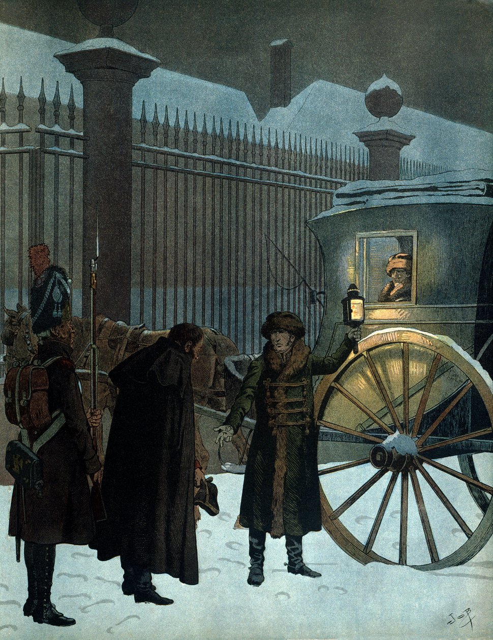 Besejrede det russiske felttog og vendte tilbage til Paris: Napoleon I Bonaparte (1769-1821) i en sedan ankom til tuilerierne den 18. december 1812 klokken 11 om aftenen efter det russiske tilbagetog. I "" Napoleon"" af Georges Montorgueil. Illustration af af pseudonym for Onfray de Breville Jacques Job