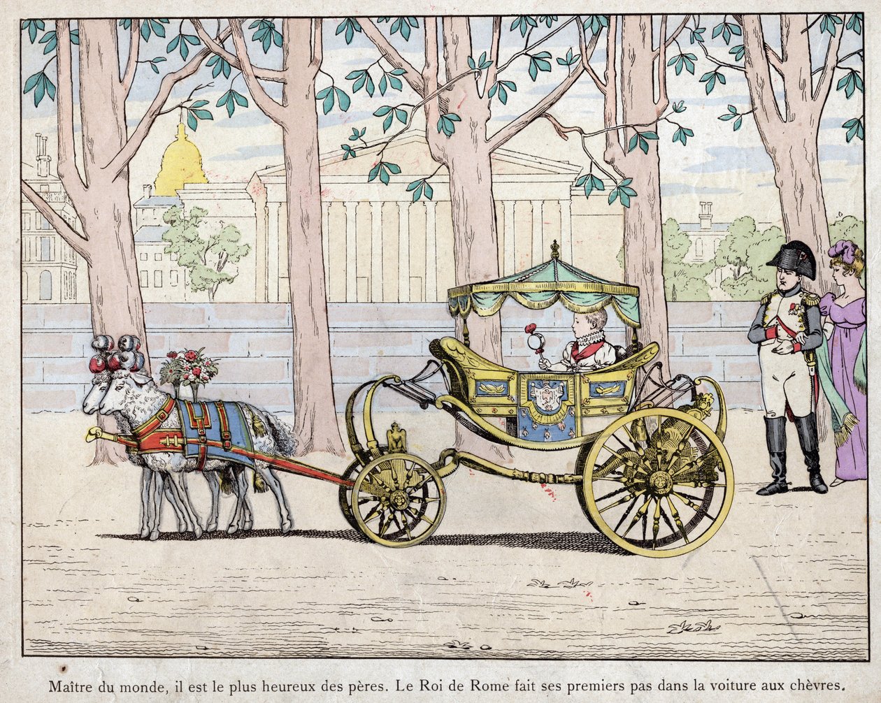Kejser Napoleon I Bonaparte (1769-1821) med sin søn prins Napoleon Francois Charles Joseph Bonaparte, som blev konge af Rom Napoleon II også senere kaldt Aiglon - Napoleon ser kongen af Italien (Napoleon II) tage sine første skridt i en ca. af pseudonym for Onfray de Breville Jacques Job