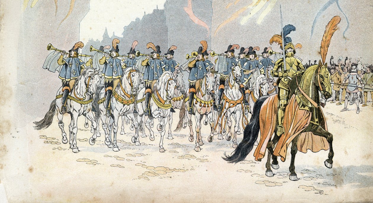 Entré af kong Charles VI (1368-1422) i Paris akkompagnerer tredive trompeter. i "" Frankrig, hans historie fortalt af G. Montorgueil, imagee af Job""" 1896. Privat samling. af pseudonym for Onfray de Breville Jacques Job