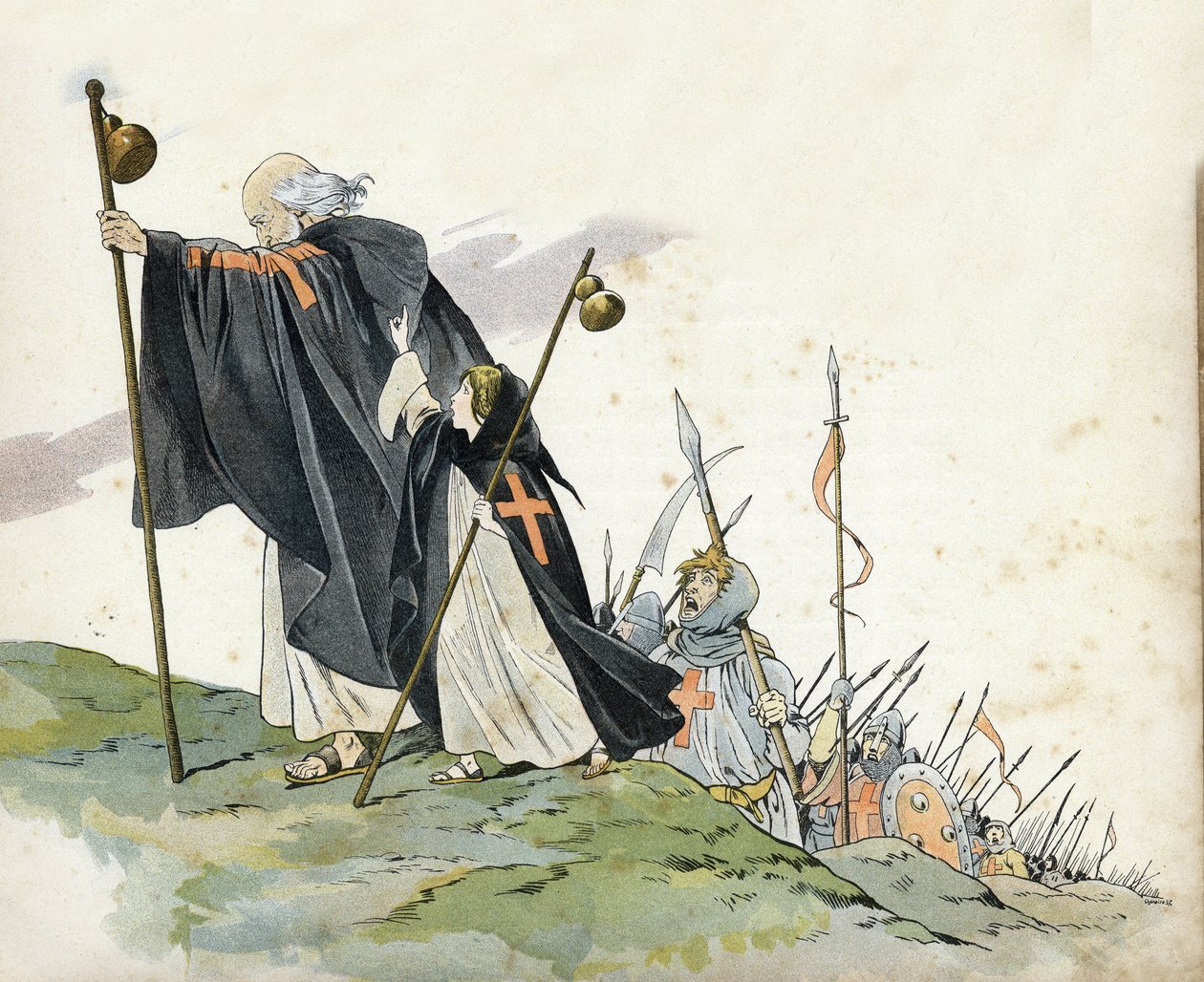 Første korstog: Eremitten Peter (1050-1115) leder korstoget til råbet om "Gud vil det!" . Han er iført frakke, slår med et kors og holder en pelerin humle. En lille pige, der symboliserer Frankrig, ledsager hende. i "" Frankrig, hendes historie fortalt af  af pseudonym for Onfray de Breville Jacques Job