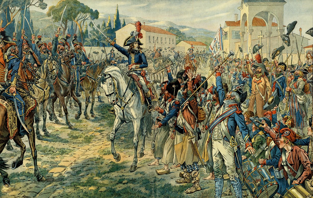 Første italienske felttog (1796-1797): Napoleon I Bonaparte (1769-1821) gennemgik Italiens hær i Nice den 27. marts 1796. Illustration af Jacques Marie Gaston Onfray de Breville dit JOB (1858-1931). Privat samling af pseudonym for Onfray de Breville Jacques Job