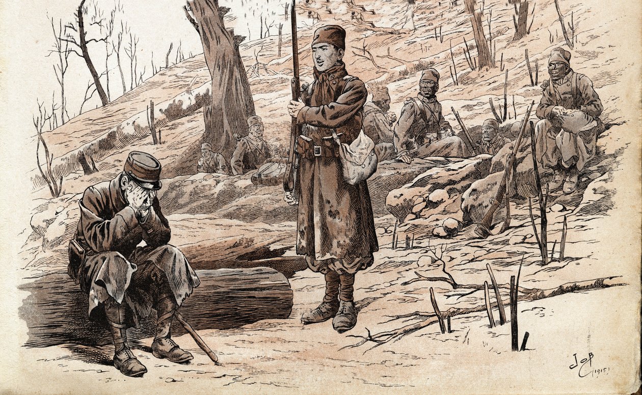 Første Verdenskrig 1914-1918: Infanteristsoldat og senegalesiske Tirailleurs fra den franske hær. Illustration af Job (Jacques Marie Gaston Onfray og Breville) (Jacques-Marie) (1858-1931) til bogen "Les grands mots historique du pays de France"" 1915. Pri af pseudonym for Onfray de Breville Jacques Job