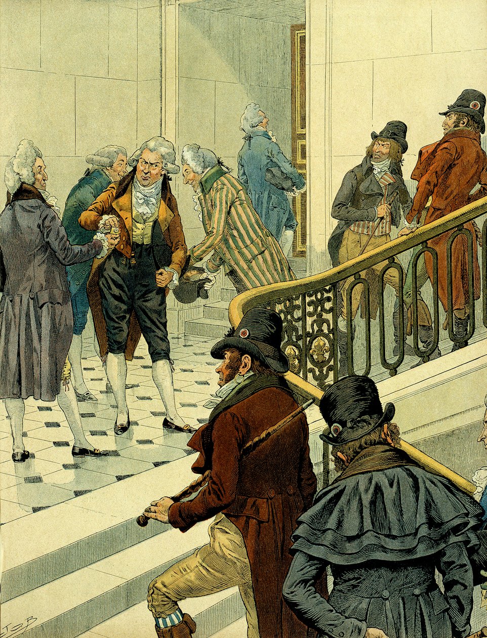 Første imperium af Napoleon I Bonaparte (1769-1821): møde i trappen til tuilerierne mellem tilbagevendende emigranter og de tidligere revolutionære. Illustration af Jacques Marie Gaston Onfray de Breville dit JOB (1858-1931). Privat samling af pseudonym for Onfray de Breville Jacques Job